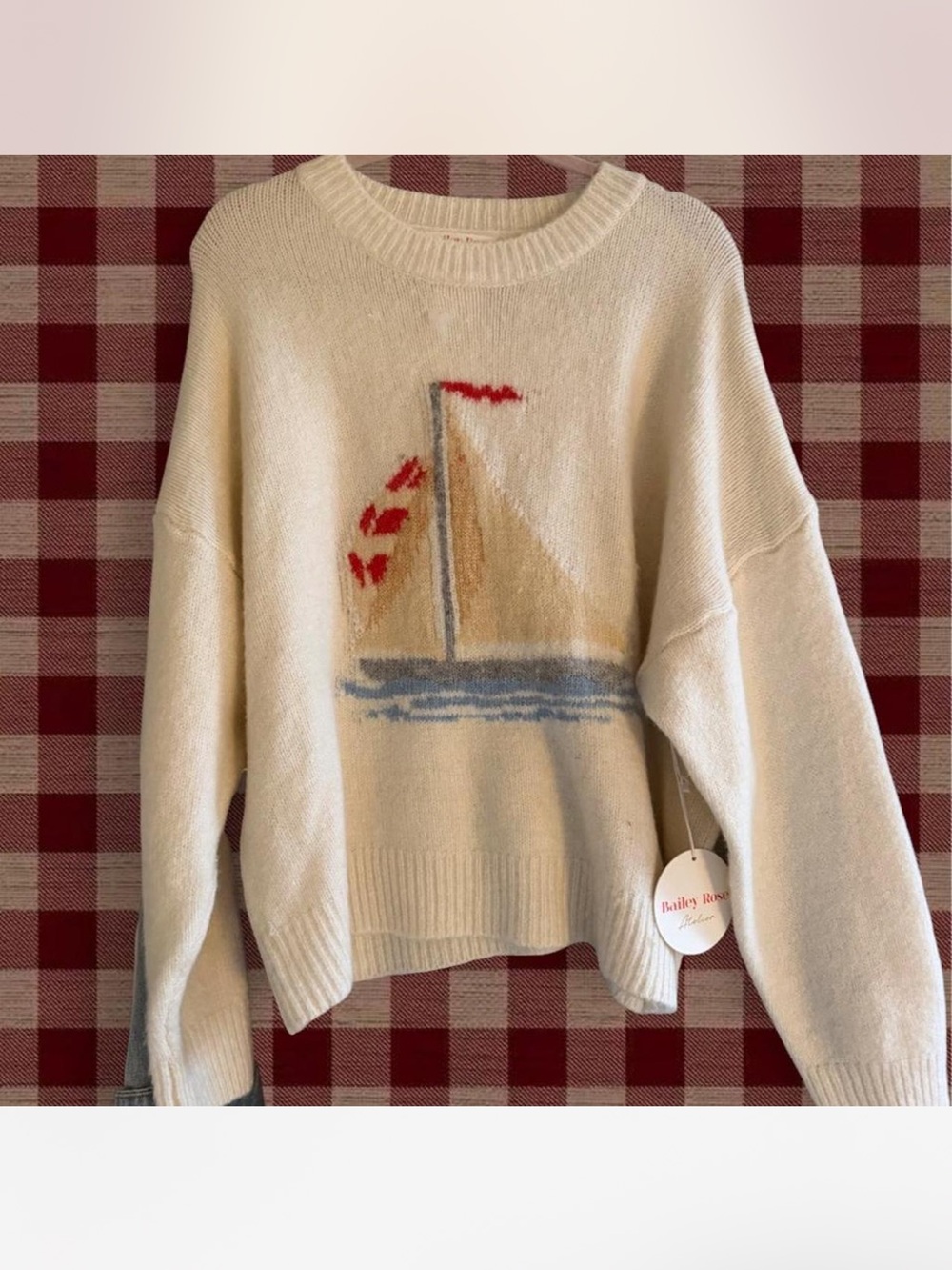Cream Sailboat Crewneck Sweater by Bailey Rose